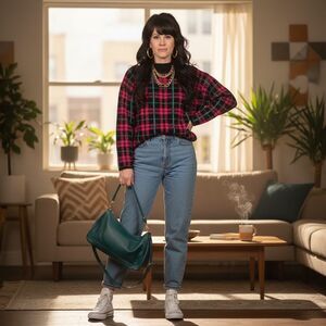 Vintage 1980s Croquet Club Plaid Mock Neck Tunic Sweater – M